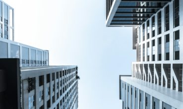 External view of apartment buildings looking up